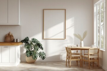 Scandinavian style minimalist kitchen interior with clean modern cabinets wooden countertop small dining table large potted plant and blank poster mockup frame on white wall