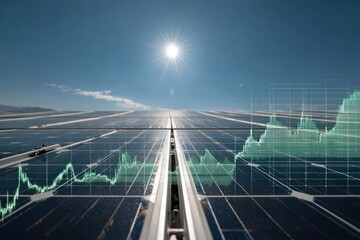 Solar Panels Showcasing Renewable Energy Technology Under Clear Sky With Financial Data Overlay Representing Market Growth Interaction with Innovation Concept of Energy, Environment, Business