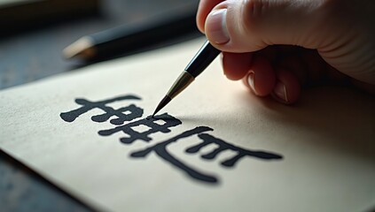 A calligrapher's hand carefully writes a traditional character with a brush and black ink on textured paper, practicing the ancient art form.