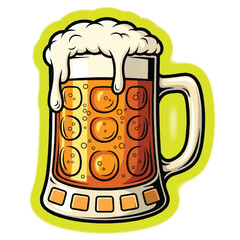Cartoon illustration of a frothy beer mug filled with golden liquid and bubbles, outlined in green.