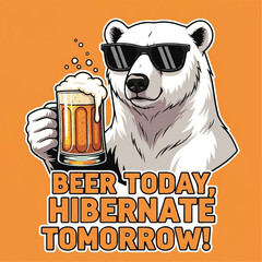 Cool polar bear with sunglasses enjoys a beer, saying 'Beer today, hibernate tomorrow!'.
