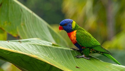 Naklejka premium Vibrant rainbow lorikeet perched gracefully on a large, lush green leaf, showcasing its stunning array of colors.