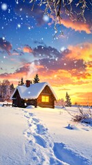 A cozy wooden cabin nestled in a snowy landscape, bathed in warm sunset hues, with footprints leading towards it.