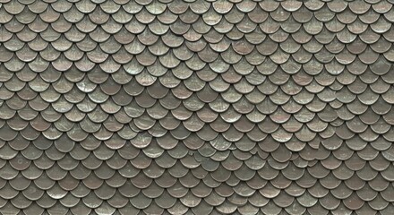 Detailed texture of weathered, gray, fish-scale roof tiles creating a repetitive, scalloped pattern.