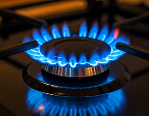 Close-up of a gas burner with vibrant blue flames