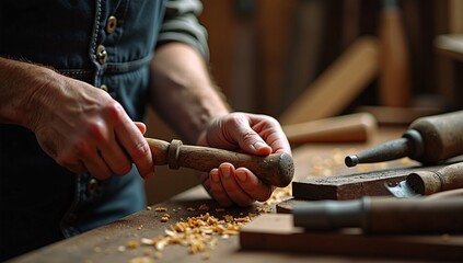 Close-up of a carpenter's hands holding a traditional chisel, with wood shavings and tools in a rustic workshop setting.
