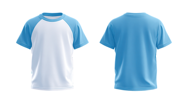 Front and back view of a light blue and white short-sleeved t-shirt mockup