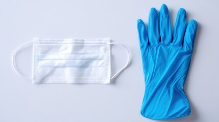 A white medical mask and a blue glove are displayed side by side, symbolizing health and safety precautions.