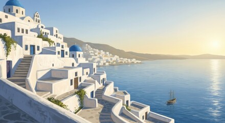 Sunset View of White Buildings with Blue Domes in Coastal Greek Village