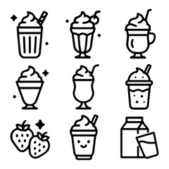 Black and white line art icons of various desserts and drinks.
