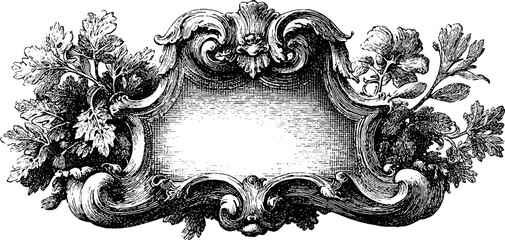Vintage art nouveau engraving with ornate frame and floral details for design