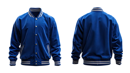 Front and back view of a royal blue baseball jacket.  Detailed, studio shot