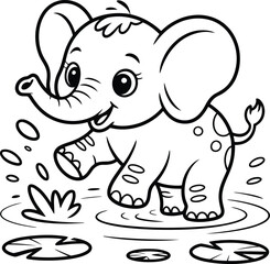 Naklejka premium Adorable cartoon baby elephant playing in water splashing with joy and a happy expression line art illustration for coloring