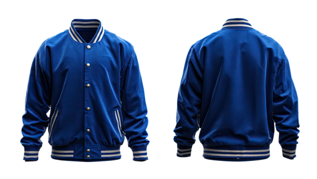 Front and back view of a royal blue baseball jacket.  Detailed, studio shot