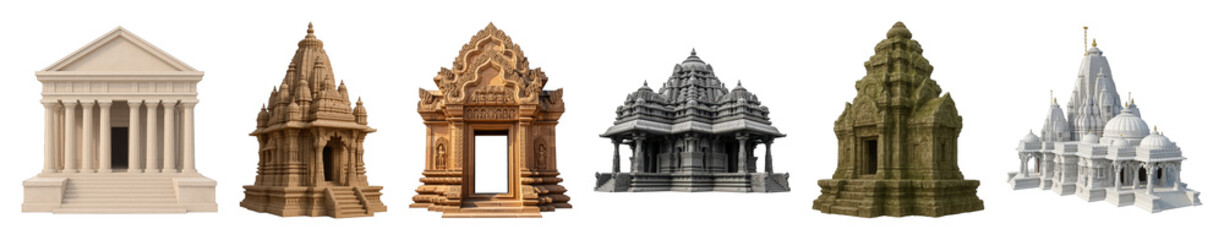 Fototapeta premium Ancient temple and architecture set including classical, Indian, and carved stone structures isolated. Cultural heritage and travel collection.