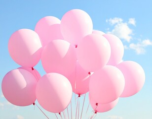 Pastel pink baloons against bright blue sky background. 