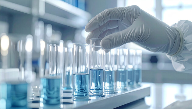 Science Lab: The scientist is working in a cutting-edge science lab, the image captures the precise moment of analysis, where vials are handled with care and precision.