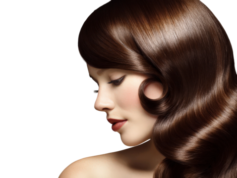 Elegant profile of a woman with glossy hair showcasing vintage hairstyling and flawless makeup against a dark backdrop for beauty and fashion themes