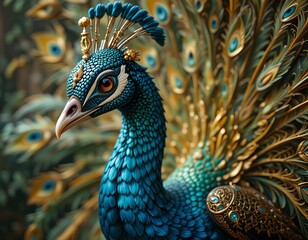 Obraz premium Majestic peacock displays vibrant iridescent plumage in a lush natural setting
