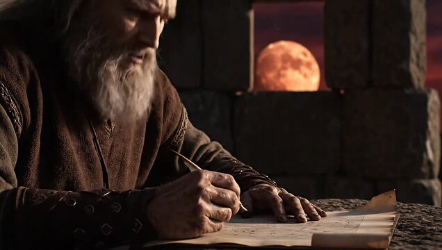ancient cartographer drawing map under moon