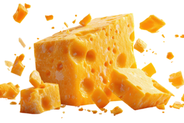 A block of cheese, bursting with fragmented pieces