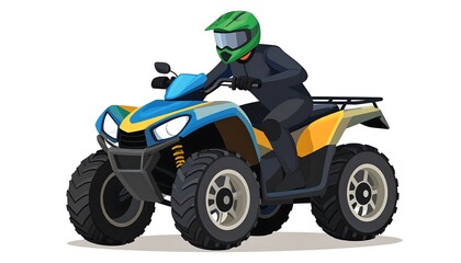 A person in protective gear skillfully navigates a vibrant blue and yellow all-terrain vehicle against a plain white background.