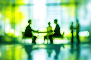 business people meeting at table. Abstract blurred office interior space background. green colors. Business concept. High quality