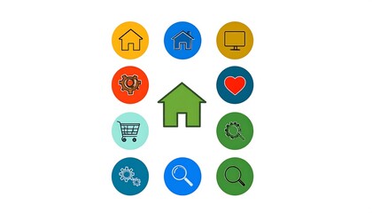 Colorful icons arranged in a grid, with a central home icon