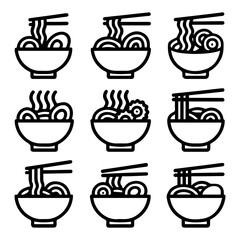 Collection of Stylized Noodle Bowls with Chopsticks.