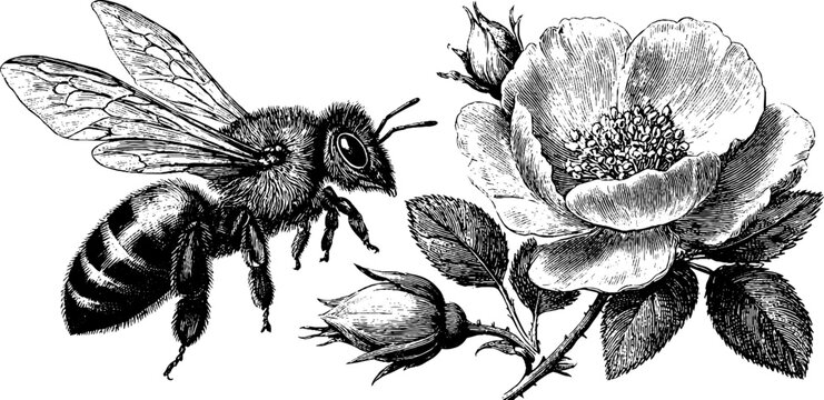 Vintage engraving style of bee and flower in detailed hand drawn etching for natural design