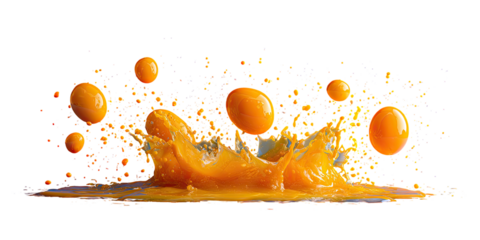 Orange fruit juice splashing, with many orbs