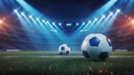 Naklejka premium A classic black and white leather soccer ball rests on the green grass of a stadium field, ready for the game