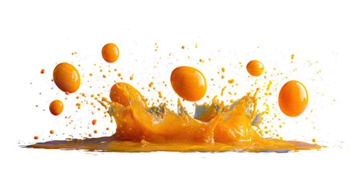 Orange fruit juice splashing, with many orbs