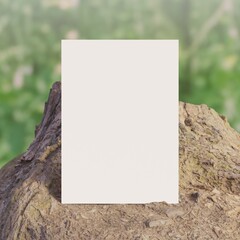 5x7 invitation mockup standing on tree trunk. Birthday card mockup with copy space. Blank birthday invitation mockup template. Outdoors lush trees green nature family camping background.