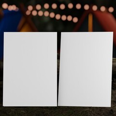 Blank birthday invitation mockup. Birthday card mockup with copy space. 5x7 invitation mockup template. Outdoors night time family camping environment. Dark night bokeh lights background. 