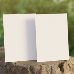 5x7 invitation standing on tree trunk mockup template. Blank birthday invitation mockup. Birthday card mockup with copy space. Outdoors lush trees green nature family camping background. 