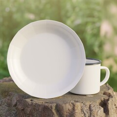 White Dish template standing on tree trunk. Enamel camping mug decor. Mockup plate with copy space. Blank mockup white plate. Outdoors green nature background. Lush trees leaves environment.