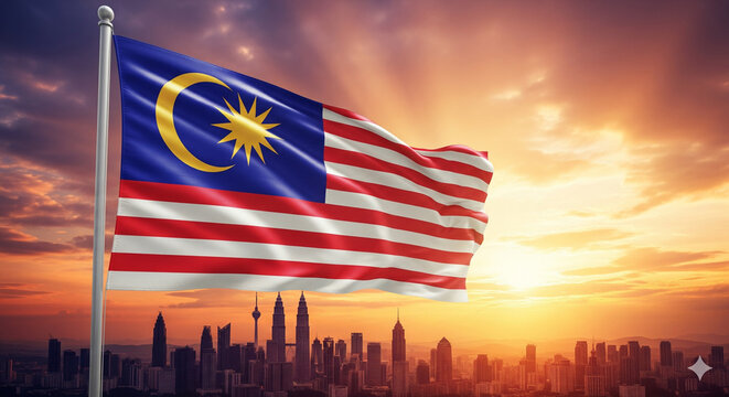 The Malaysian national flag (Jalur Gemilang) waving proudly in front of the Kuala Lumpur skyline at sunset, with the Petronas Twin Towers visible in the background. 