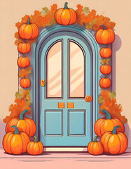 Obraz premium Charming autumn doorway illustration featuring a festive arch of bright orange pumpkins and fall foliage against a light blue door