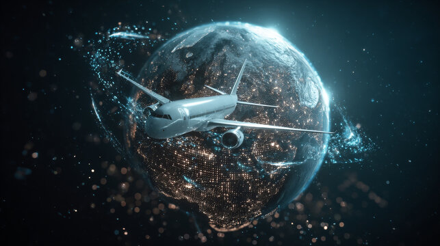 A plane flying in front of a globe with city lights and digital particles in dark space