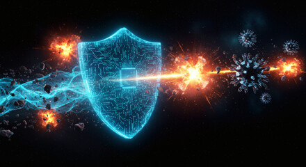 Digital shield deflecting incoming viruses and pathogens in a futuristic digital abstract background representing cybersecurity and health defense