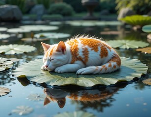 Peaceful ginger and white kitten naps on a lily pad in a tranquil pond surrounded by lush greenery.