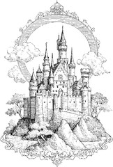 Fototapeta premium Enchanting medieval castle in vintage engraving style for artistic prints and designs