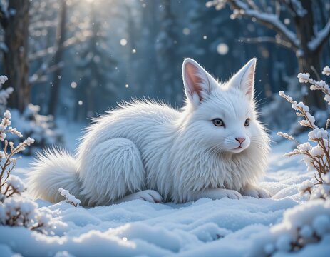 Adorable white fox with piercing blue eyes rests peacefully in a serene snowy forest.