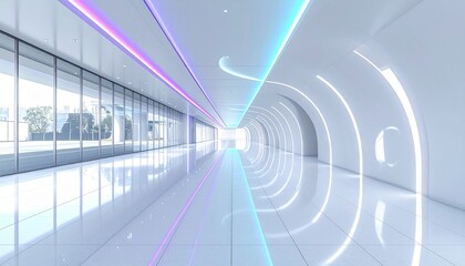 Bright, futuristic architectural corridor with vibrant LED lighting and reflective surfaces.