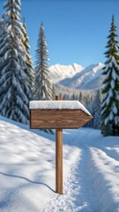Wooden arrow sign frosted snow alpine trail winter landscape