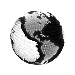 Vector icon of abstract black and white dotted planet Earth showing continents and oceans global network, geography, digital mapping, international business, world travel, and environmental concepts