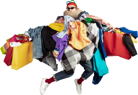 Man overloaded with colorful shopping bags jumping with excitement on transparent background. Concept of shopping mania, consumer excess, lifestyle parody, humor, and spending addiction.