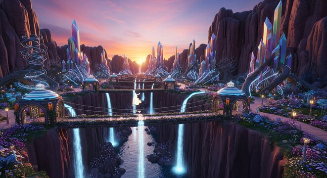 Città aliena unita alla natura con minerali enormi e ponti tra il fiume mentre il sole cala nel cielo