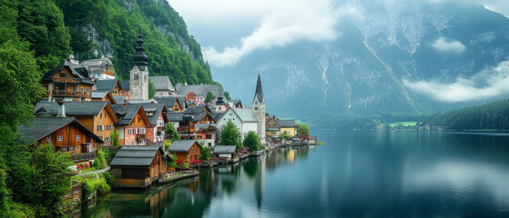 Obraz premium A coastal town on a rocky shore at sunset, houses by the sea, and a beach with boats—suitable for tourist brochures, travel articles, and interior design.